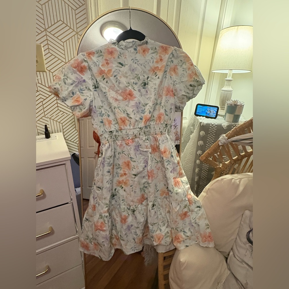 Beige Floral Print Shirred High Waist Puff Sleeve Mini Dress - Picture 9 of 9